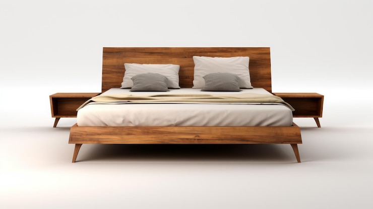 Foto cama de madeira de estilo moderno e mesa lateral com representação fotorrealista