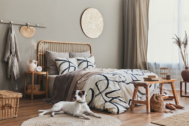 Cama de madeira no interior de um quarto elegante e neutro com móveis de design, decoração, carpete, banco, flores secas em vasos, acessórios pessoais elegantes na decoração da casa. Lindo cachorro deitado no tapete.