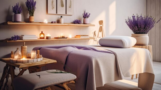 cama de massagem spa com óleo essencial de lavanda na loja de massagem