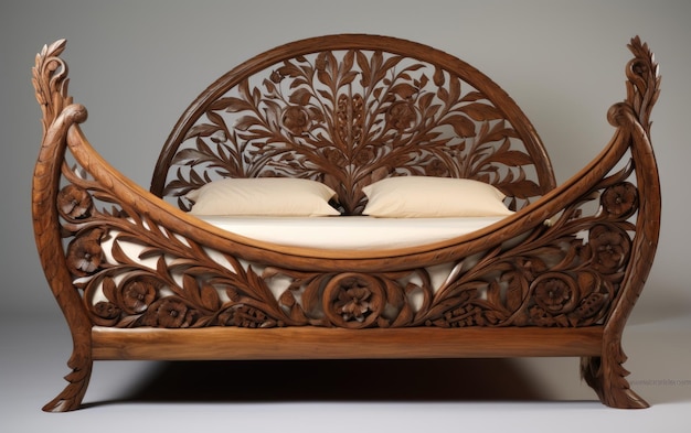 Cama de teca esculpida com IA generativa de design inspirado na noite