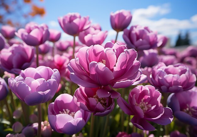 Cama de tulipas em flor Flores e plantas na primavera AI gerada