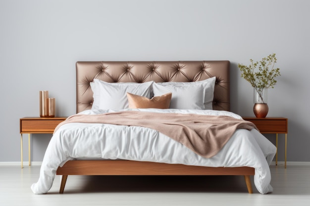 Cama doble beige minimalista en un fondo blanco aislado