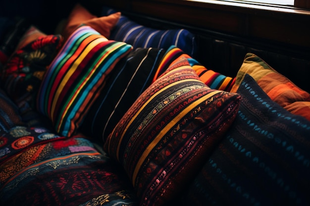 Foto cama de dormir con sábanas y almohadas de varios colores