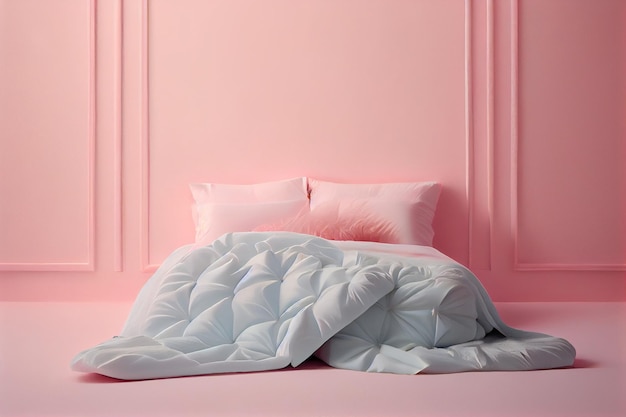 Una cama de dormitorio minimalista con sábanas blancas limpias, cómodas almohadas y edredón sobre un delicado fondo de pared rosa, un lugar de copia AI generativa