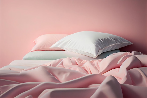 Una cama de dormitorio minimalista con sábanas blancas limpias, cómodas almohadas y edredón sobre un delicado fondo de pared rosa, un lugar de copia AI generativa