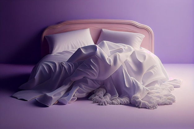 Una cama de dormitorio minimalista con sábanas blancas y limpias, cómodas almohadas y edredón sobre un delicado fondo púrpura de paredes lilas, un lugar de copia AI generativa