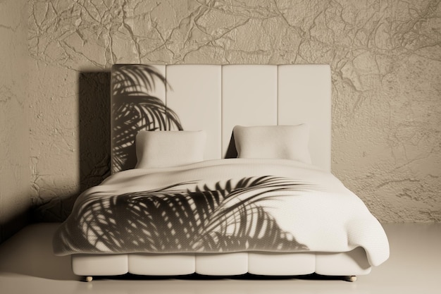 Cama en el dormitorio con un respaldo suave y una colcha con un patrón de ramas de palma 3D Render