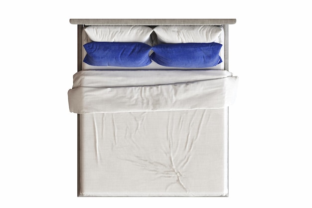 una cama con dos almohadas azules y una azul es blanca