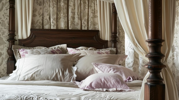 Una cama con dosel a medida con un marco de madera tallada a mano y un DS de tela de lujo crea un sueño