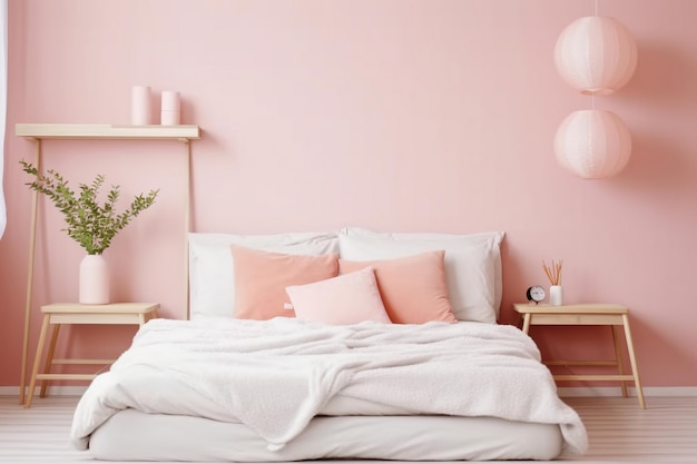 Una cama con un edredón rosa y una bandeja de comida en ella color rosa suave brillante iluminado habitación rosa Ai foto