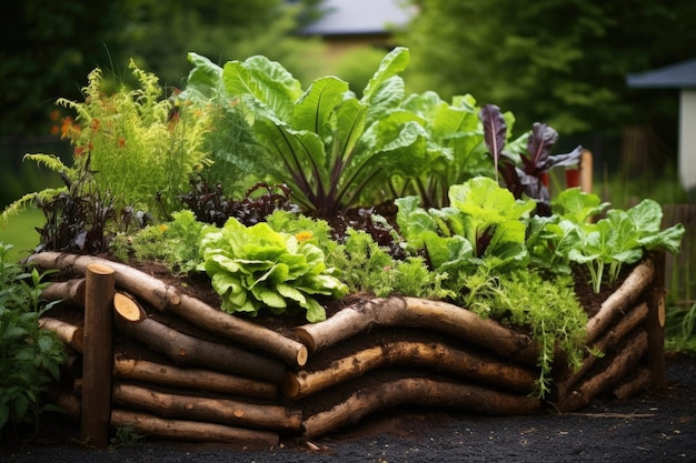 Cama elevada de Hugelkultur con plantas que crecen en armonía