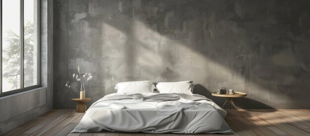 Cama de estilo minimalista contra pared gris y suelo de madera