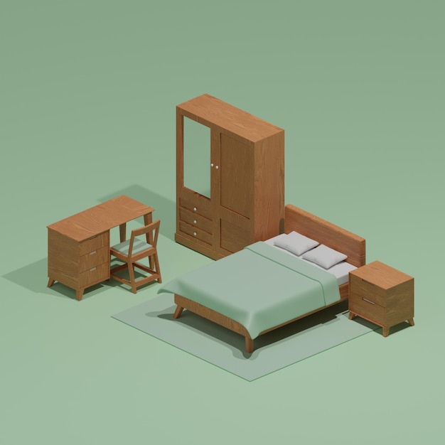 una cama con estructura de madera y una cama con estructura de madera y una silla de madera en la esquina.