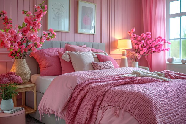 Una cama con flores en tonos rosas en un rincón.