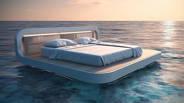 Una cama flotante está flotando en el agua.