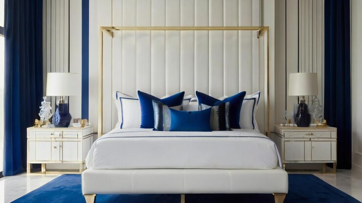 Una cama con un fondo blanco