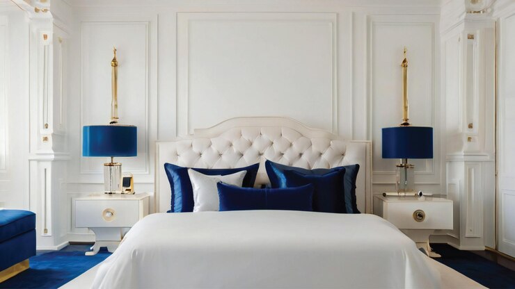 Una cama con un fondo blanco