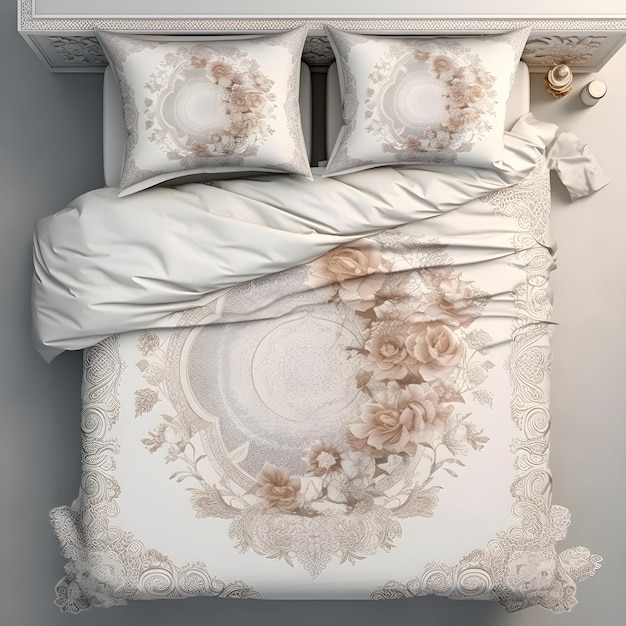Una cama con una funda de almohada floral y una funda de almohada con rosas.