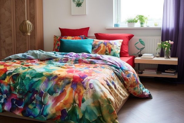 Foto cama con funda nórdica de colores y almohadas a juego.