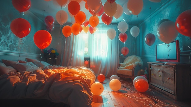 una cama con globos que dice globos y una cama con una ventana en el fondo