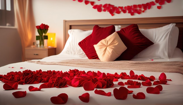 Cama grande com pétalas de rosa no quarto decorado para Val 1jpg