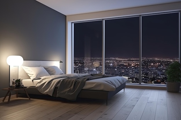 Cama grande en sala de estar con vista nocturna de la ciudad en la ventana IA generativa