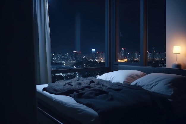 Cama grande en sala de estar con vista nocturna de la ciudad en la ventana IA generativa