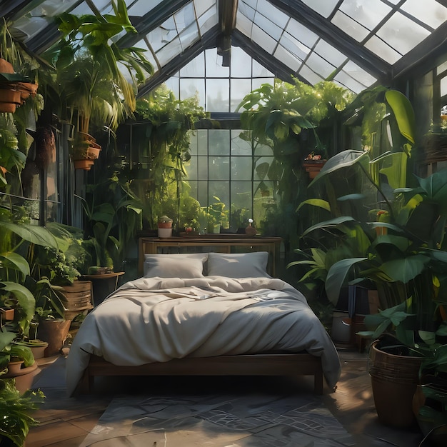 Foto una cama en una habitación con muchas plantas