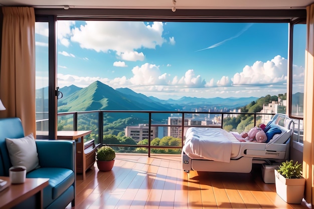 Una cama en una habitación con vista a las montañas y un cielo azul.