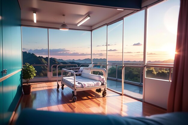 Una cama en una habitación con vista a las montañas.