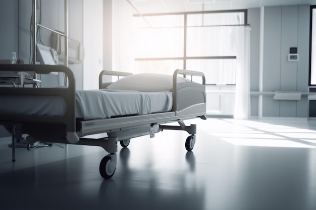Foto una cama de hospital está en una habitación oscura con una ventana que dice 