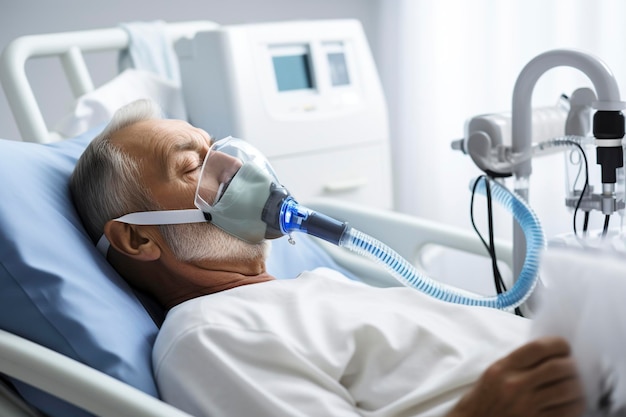 Foto cama de hospital con oxígeno y un hombre mayor durmiendo con un ventilador