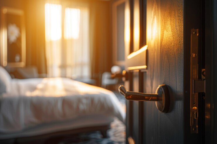 Foto cama de hotel cómoda con cama doble y puerta abierta
