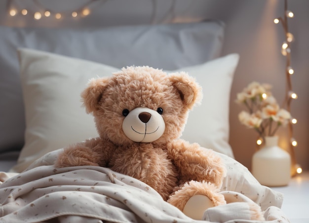 Cama infantil com urso de brinquedo no quarto