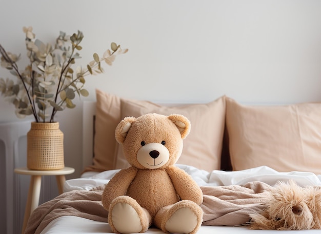 Cama infantil con oso de juguete en el dormitorio.