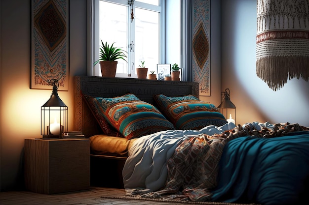 Cama interior de estilo étnico con lámpara de noche por ventana creada con ai generativo