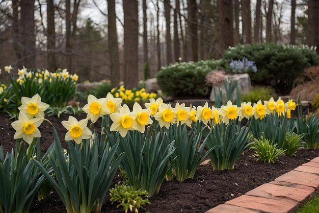 Foto una cama de jardín con narcisos en flor