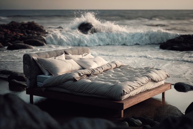 Cama junto al mar Concepto de diseño creativo Generación Ai