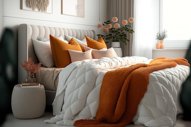 Cama king size blanca con almohadas naranjas en un elegante dormitorio de mujer