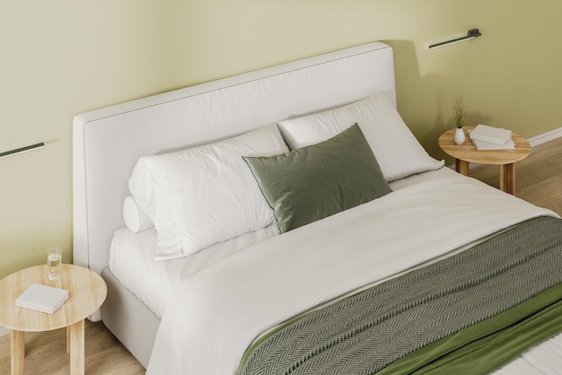 Foto cama king size close-up com mesas de cabeceira com decoração renderização 3d