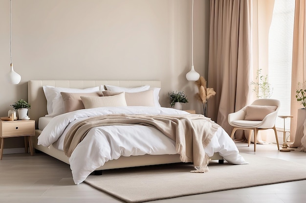 Foto cama king size con ropa de cama blanca y beige en un dormitorio elegante espacio de copia en la pared