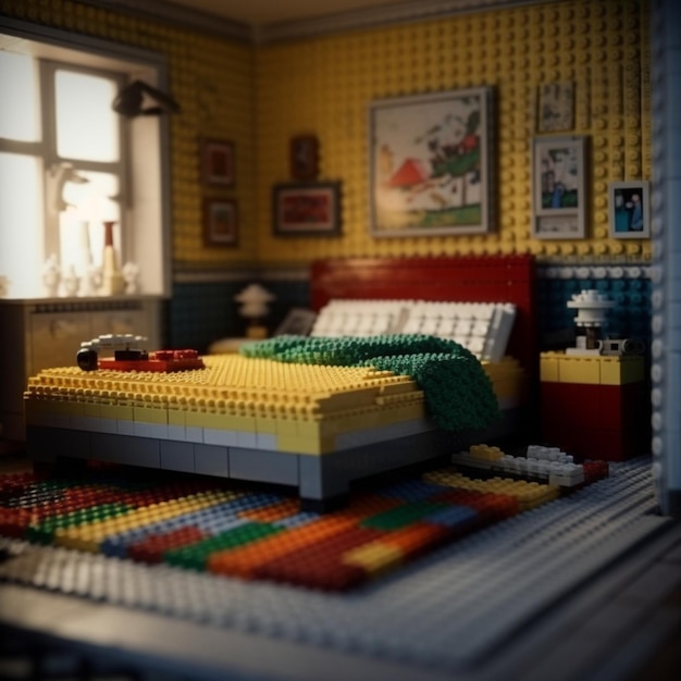 Una cama de lego con una manta verde encima.