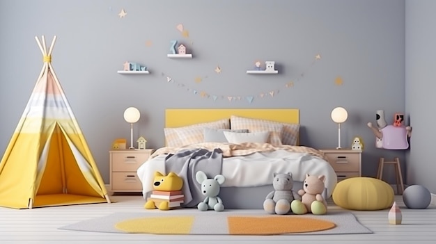 Foto cama con lino colorido en una elegante habitación para niños diseño de interiores