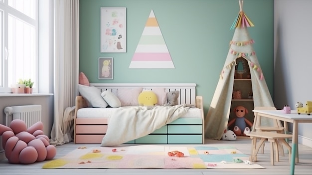 Cama con lino colorido en una elegante habitación para niños Diseño de interiores