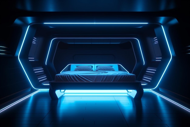Una cama con una luz azul que dice "la palabra" en el fondo.