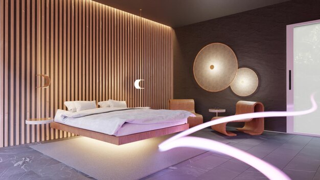 una cama con una luz en la pared y una luz en La pared
