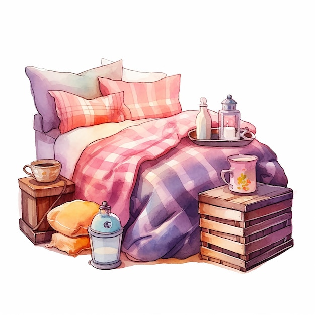 Foto cama macia com ilustração em aquarela