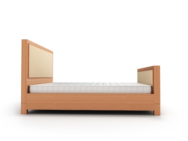 Cama de madera con un colchón aislado en blanco