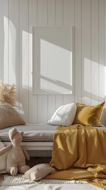 Una cama con una manta amarilla y dos animales de peluche en ella y una pared blanca con paneles blancos suaves