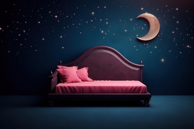 Una cama con una manta roja y una luna creciente en la pared.